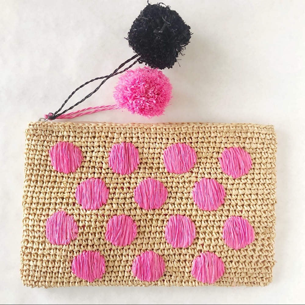 ASOS Beach Straw Spot Clutch Bag With Poms